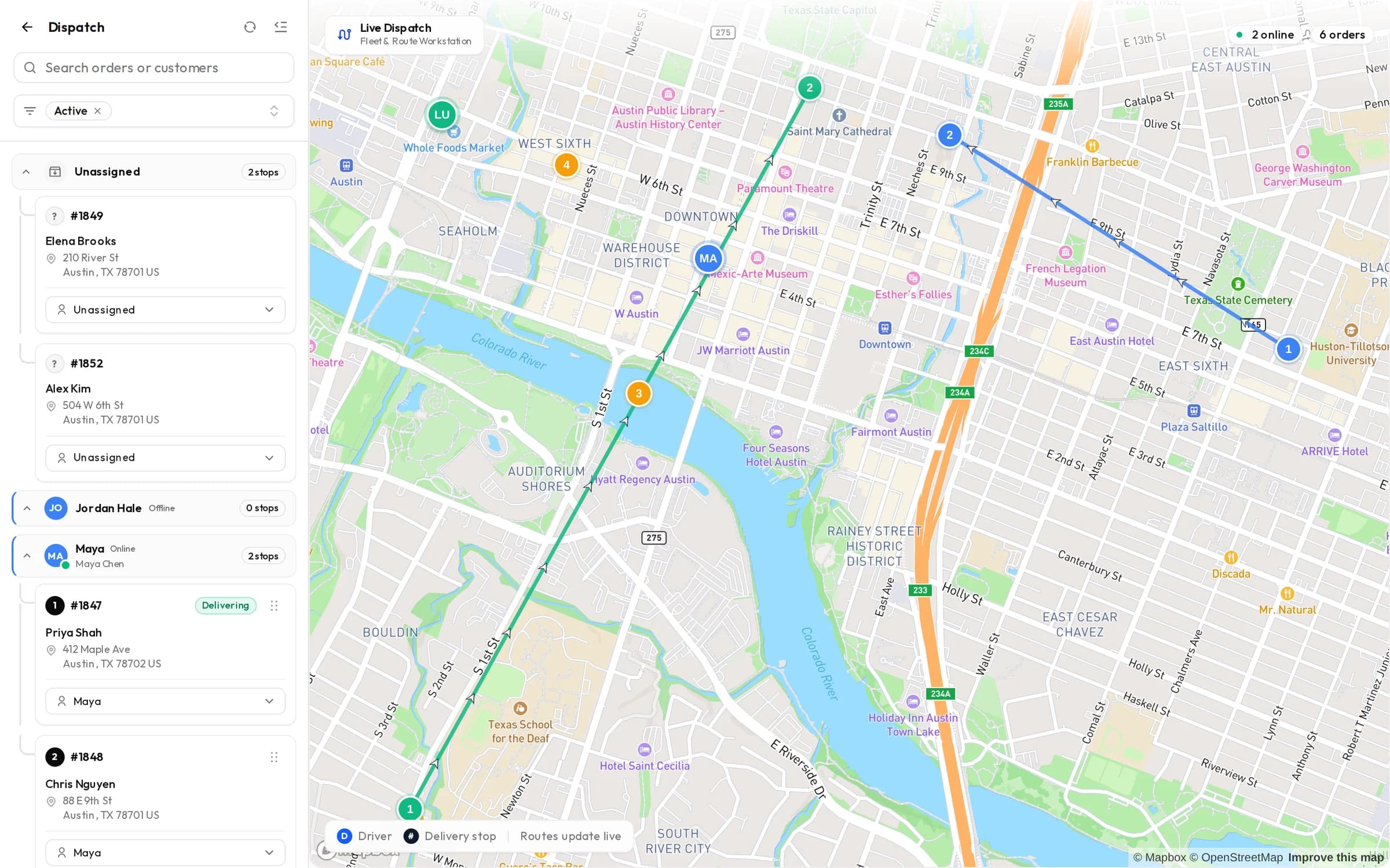 The dispatch board: unassigned orders on the left, drivers and their stops on a live map
